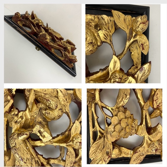 Asian Hand Carved Gilt Wooden Bird Floral Art Hanging 13” x 8” Wall Panel Decor - Picture 14 of 16